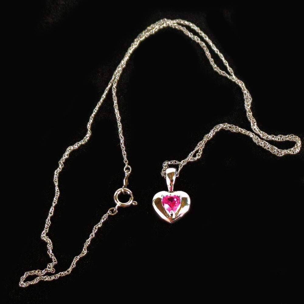 925 Sterling Silver 18" Chain‎ Necklace w/ Pink October Birthstone Heart Pendant